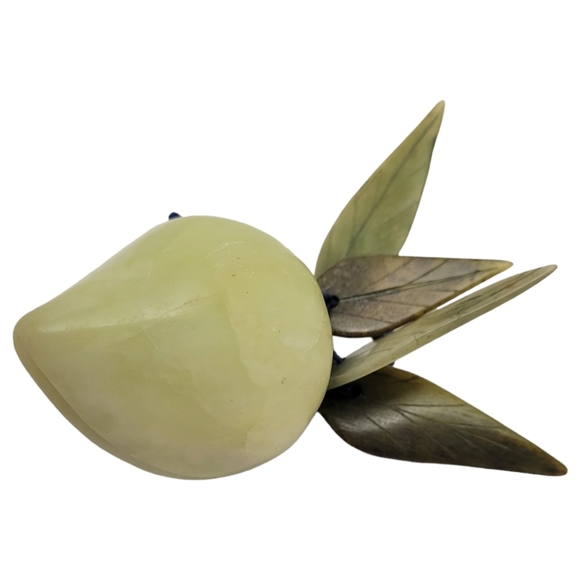 Jade Pear With Forest Green Leaves And Blue Silk Stem  Carved Fruit Decor - Picture 11 of 12